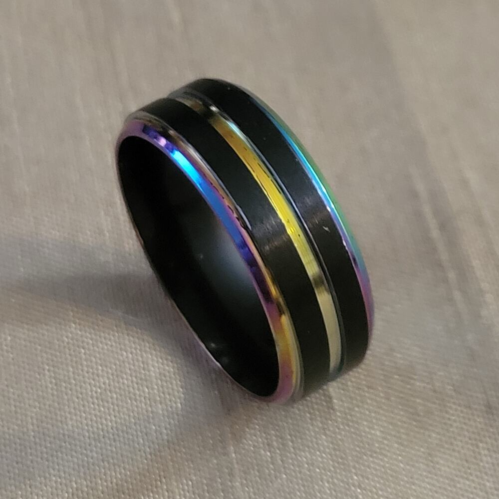 Size 10 black and rainbow stainless steel ring